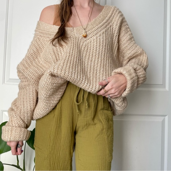 Vintage Sweaters - Vintage Pol Woven Sweater Oversized Back Stitching Criss Cross Chunky Cuffed